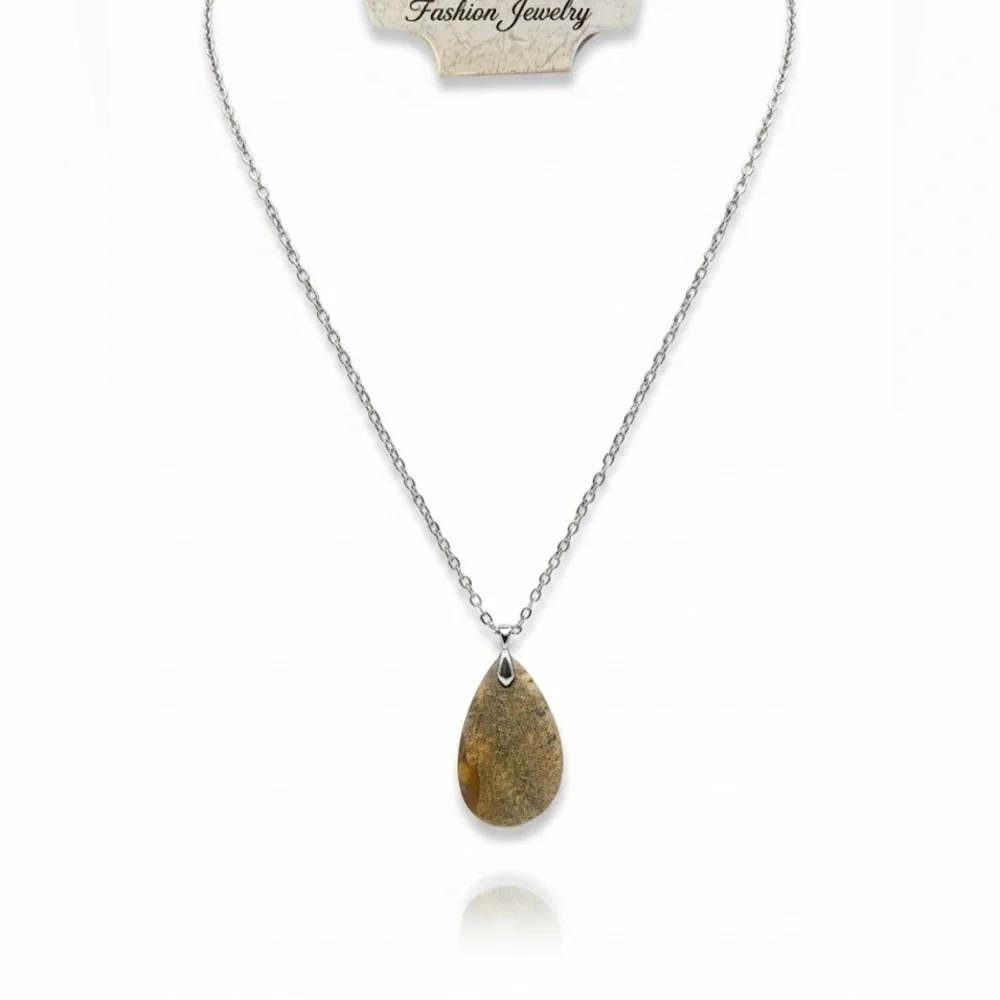 Fashion Jewelry Teardrop Pendant Necklace-Beige Brown Natural Stone Silver Chain - Picture 2 of 2